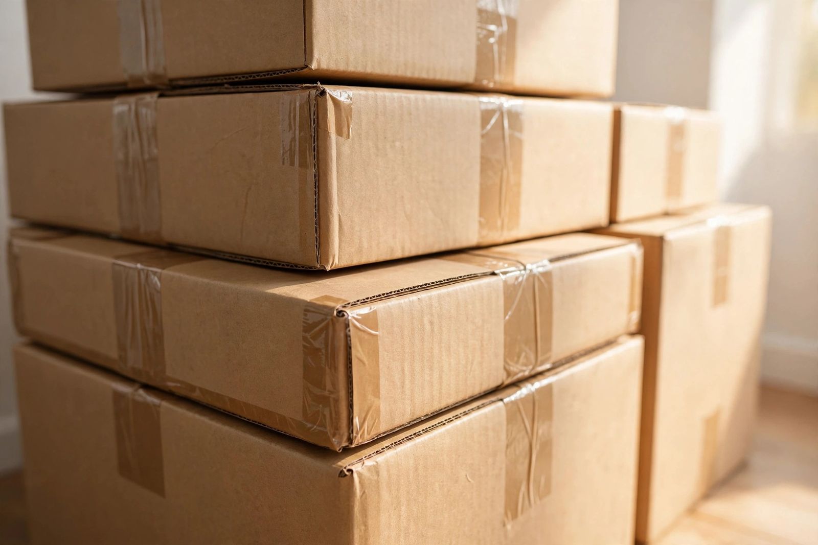 Neatly stacked taped moving boxes