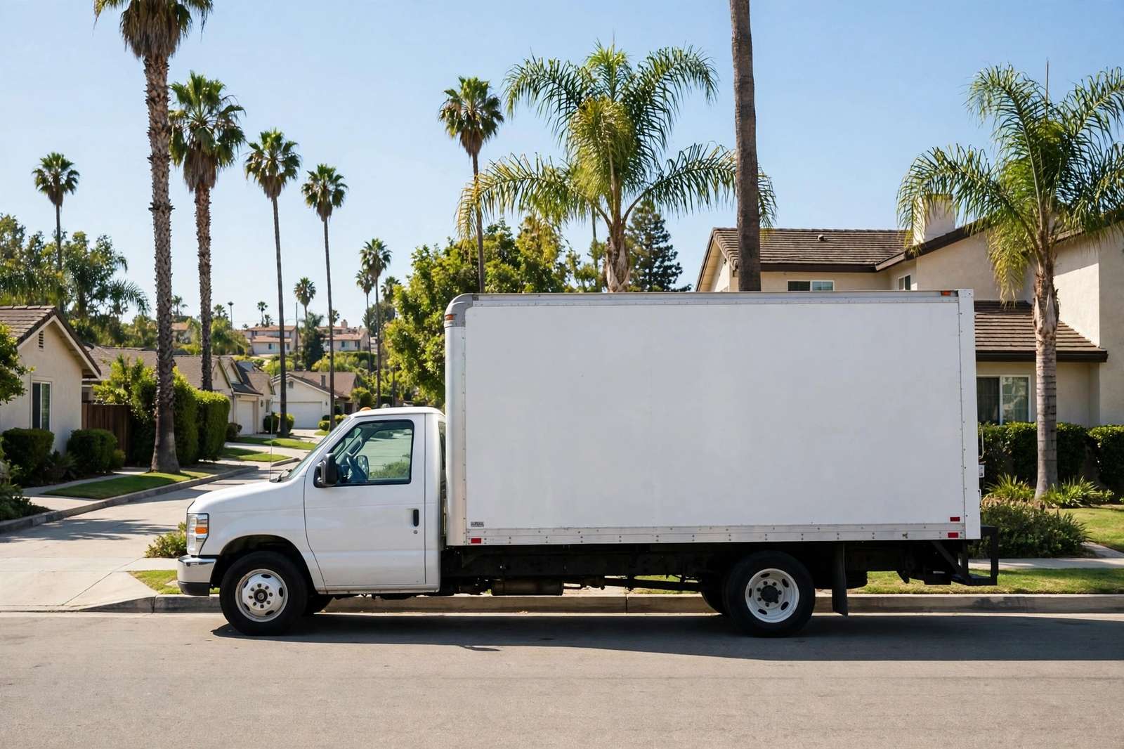 Snow's style moving truck on a sunny suburban street