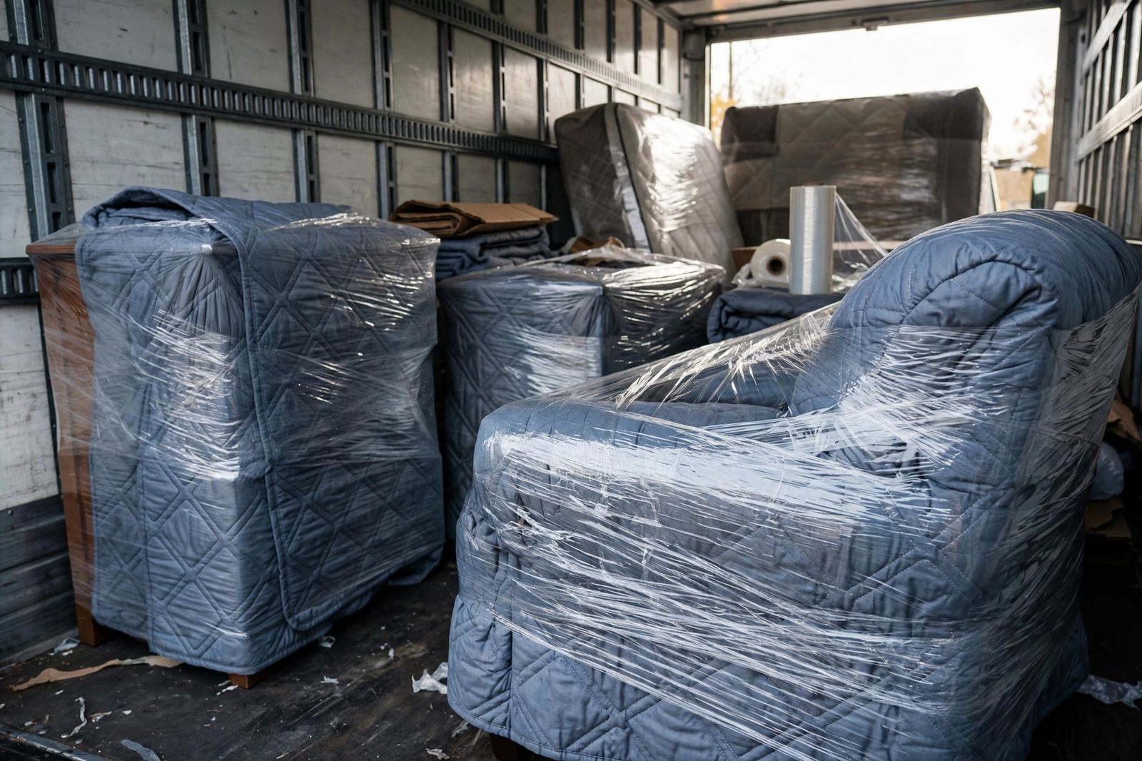 Furniture wrapped in quilted moving blankets inside a truck